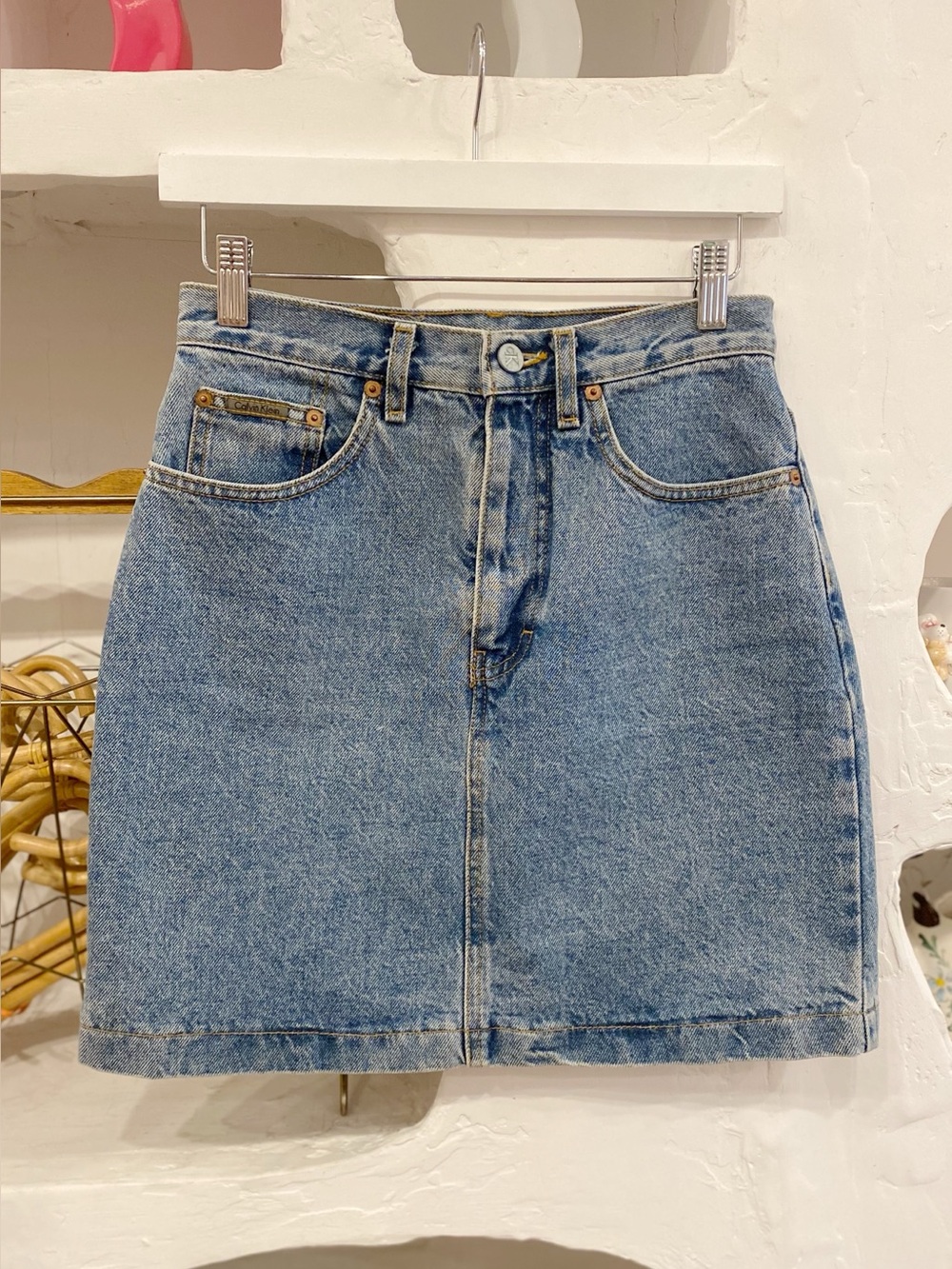 90s Vintage Calvin Klein Light Wash High Waisted Denim Pencil Skirt